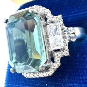 Karis silver tone stainless steel dusty aqua blue clear CZs ring 6.25